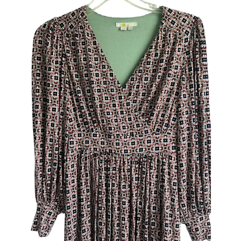 Boden Women’s Size 4R Fixed Wrap Jersey Midi Dress Almond Pink Square Geo Print‎